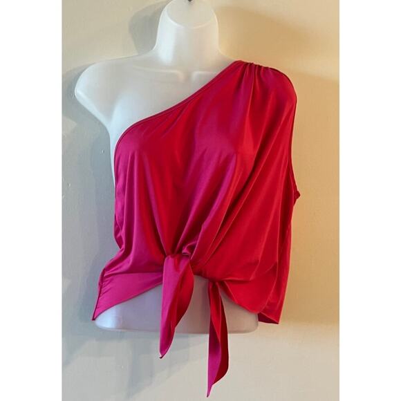 SHEIN Tops - SHEIN Pink Asymmetrical off the shoulder sleeveless side cut out bow crop top XL